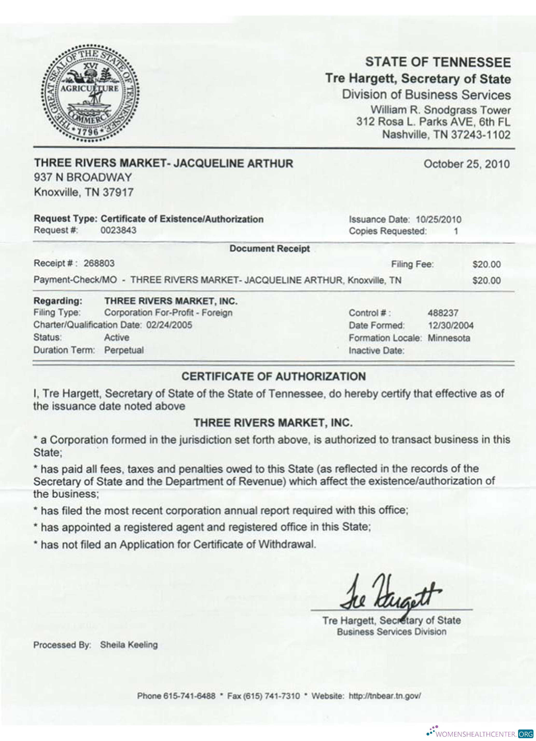 Download USA Tennessee certificate of good standing Photoshop template